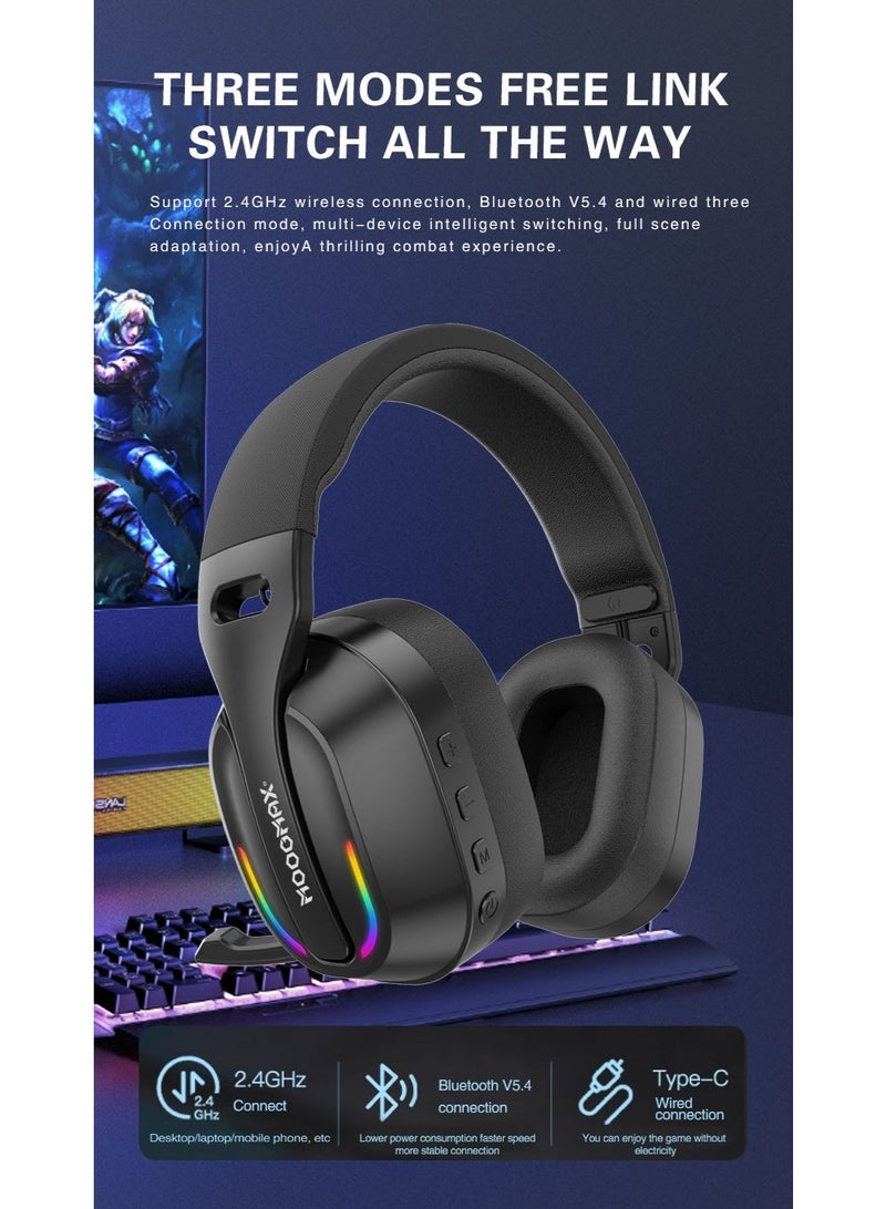 موجماكس سماعه قيمنق لاسلكية بتردد 2.4 هرتز لمدى اتصال بعد. سماعات قيمنق بميكرفون مدمج قابل للاخفاء. سماعة قيمنق بصوت هيفي ومحيطي عالي الحساسية. سماعه راس لاسلكيه بحجم خفيف ومريح في اللبس. سماعه محيطيه بساعات عمل حتى 25 ساعة. سماعات العاب بثلاث اوضاع تشغيل وبمستقبلين (تايب سي& يو اس بي). سماعات راس بلوتوث باحدث اصدارات بلوتوث 5.4. سماعه بي سي، سماعات بلايستيشن، سماعة سوني، سماعة جوال وغيرها العديد من الاجهزة المتوافقة. - Image 3